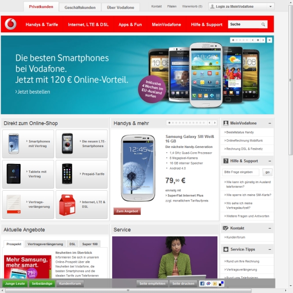 Die Webseite vom Vodafone.de Shop