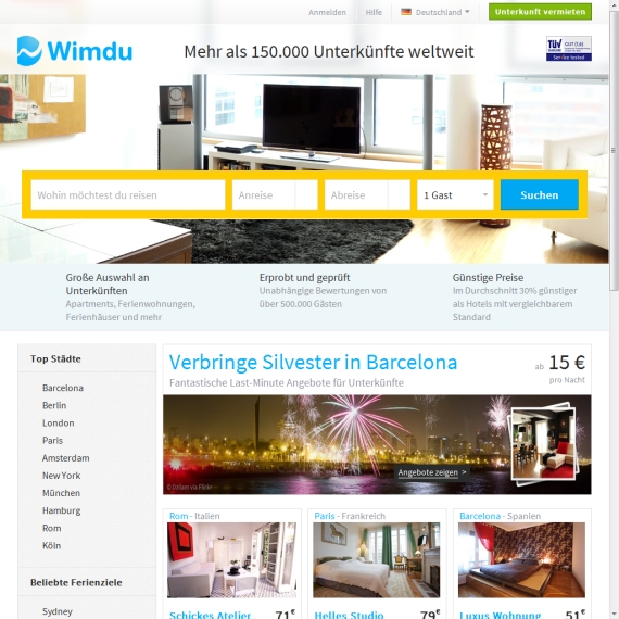 Die Webseite vom Wimdu.de Shop