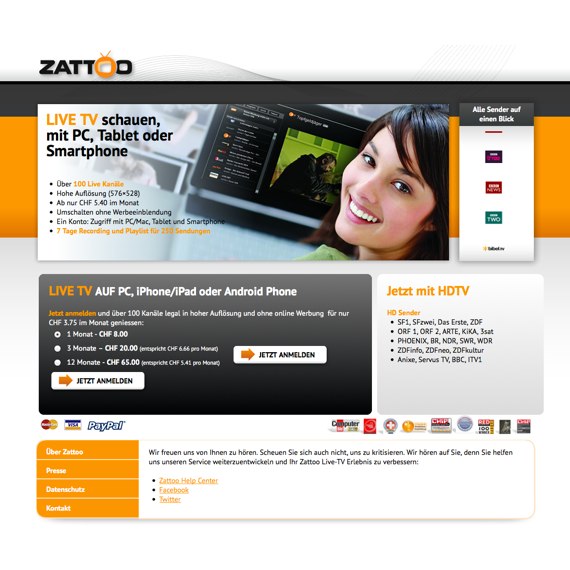 Die Webseite vom Zattoo.com Shop