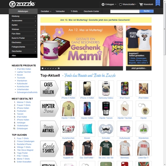 Die Webseite vom Zazzle.de Shop
