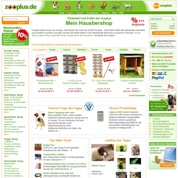 Die Webseite vom Zooplus.de Shop