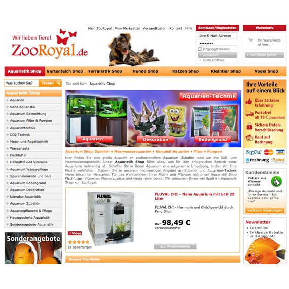 Die Webseite vom ZooRoyal.de Shop