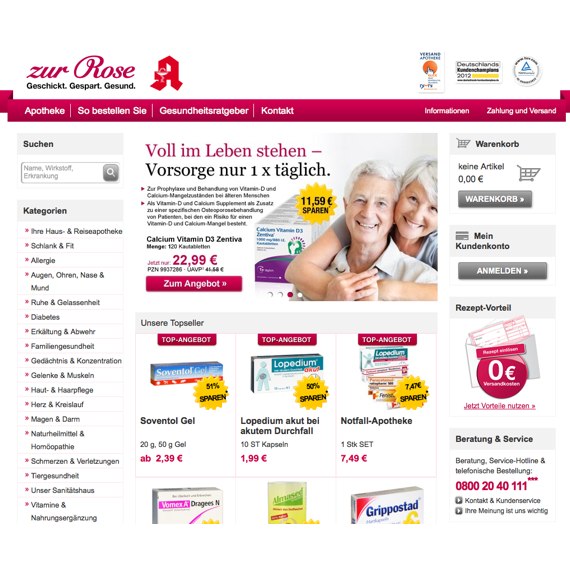 Die Webseite vom ZurRose.de Shop